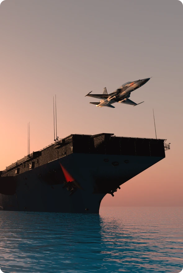 Military jet soaring above ocean