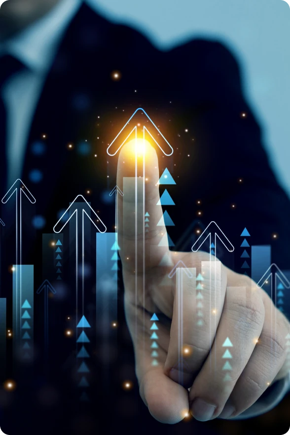 Finger pointing at digital growth arrows